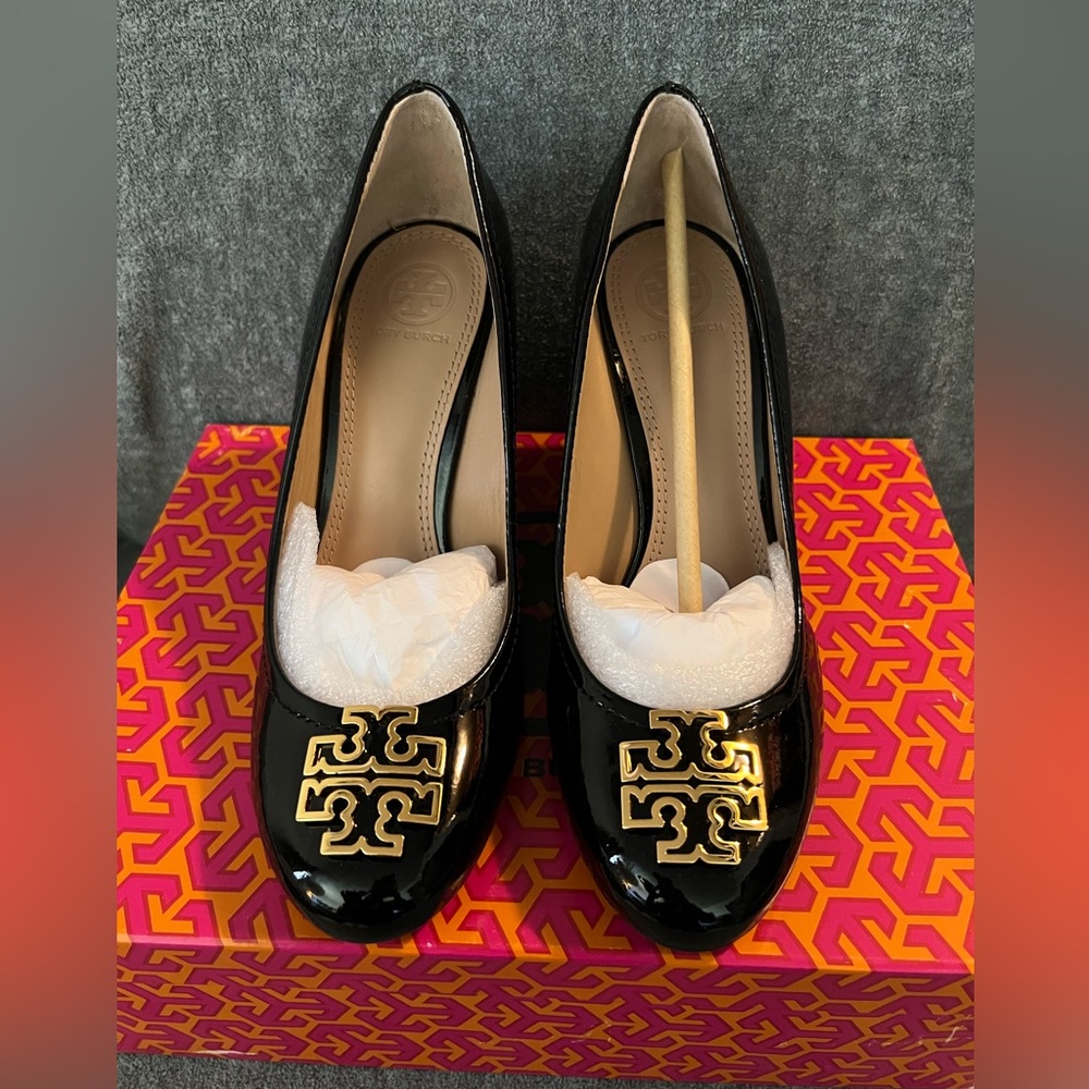 Brand new, Tory Burch black patent leather, Melinda 85mm wedges in size 6.5.